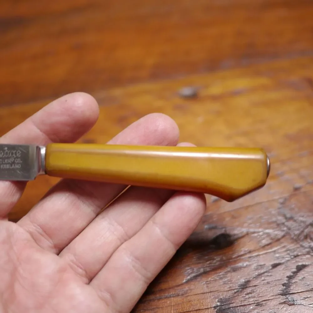 Vtg PEEREDGE Sheffield England Stainless Butterscotch Amber Bakelite Steak Knife